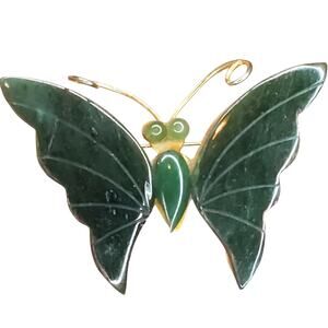 Green Jade Etched Stone Butterfly Pin Brooch 1960s Gold Tone 1.5" Vtg Unsigned